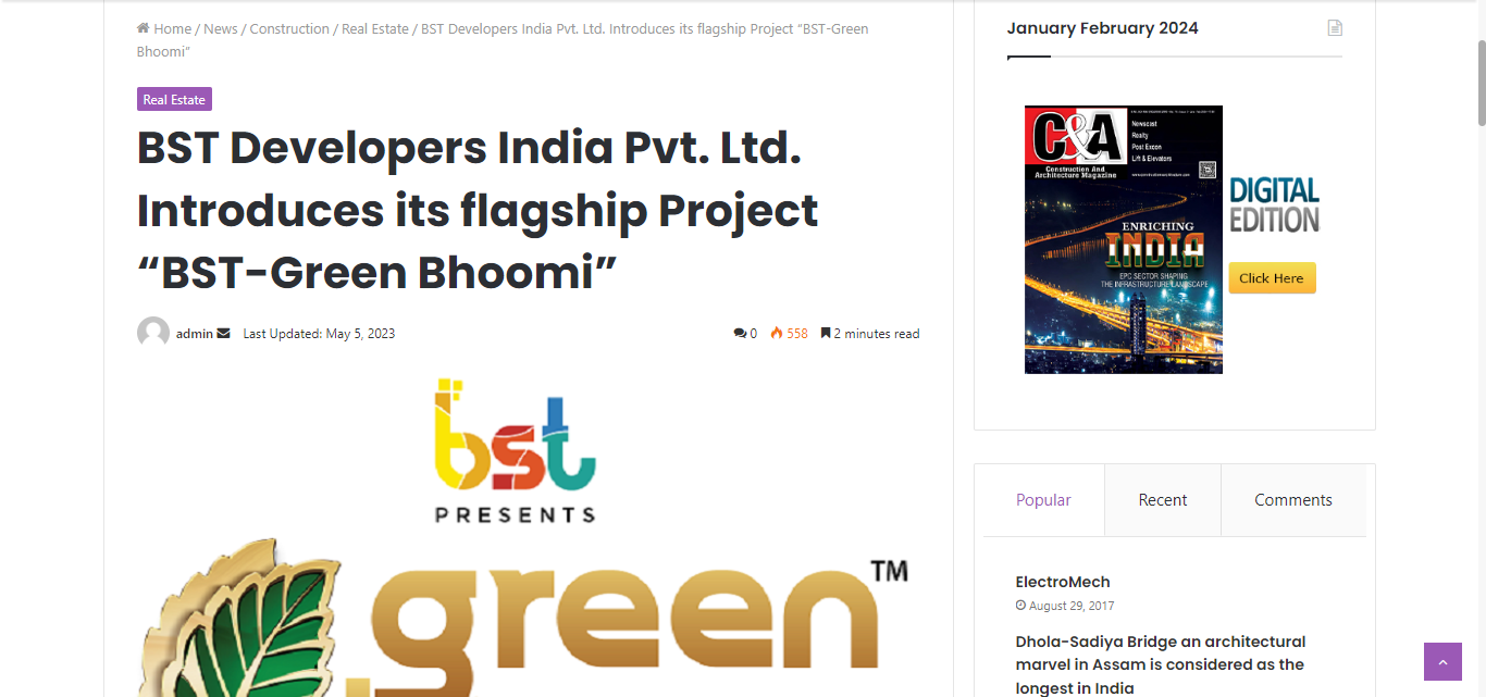 BST Developers India Pvt. Ltd. Introduces its flagship Project “BST-Green Bhoomi”